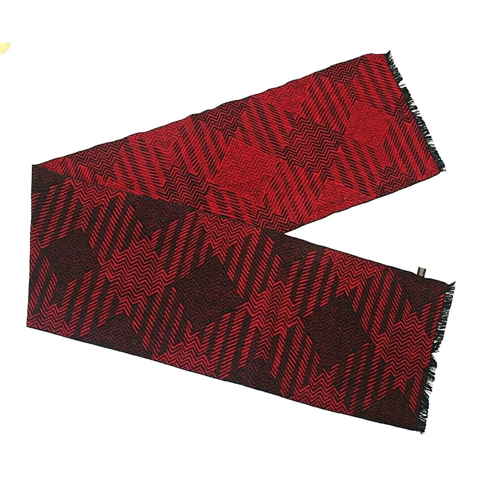Warm Slightly Fuzzy Silk Scarf Black Cherry Red Stripes Zig Zags 67" x 12"